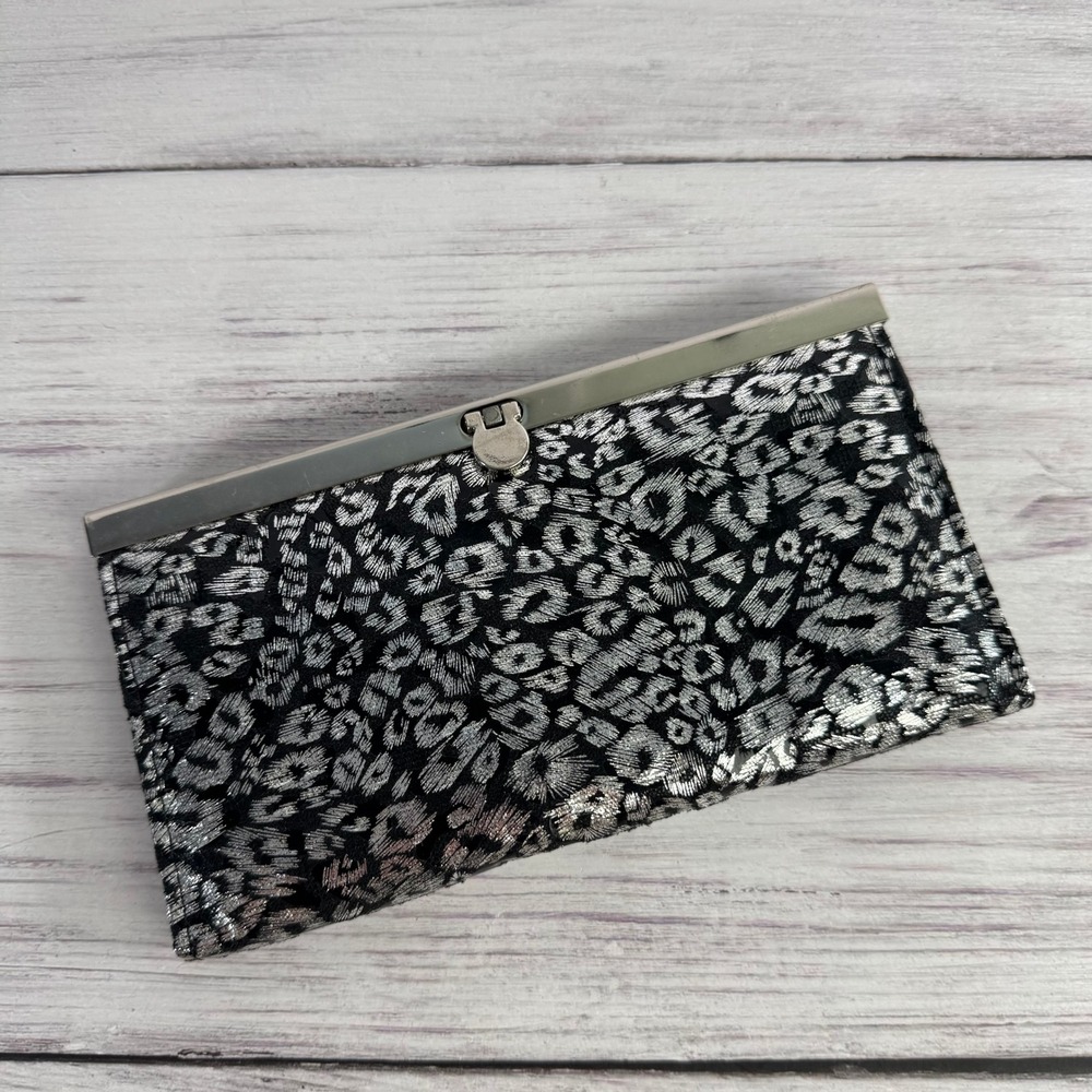 Metallic Silver Black Leopard Print Frame Wallet Accordion Clutch Card Holder